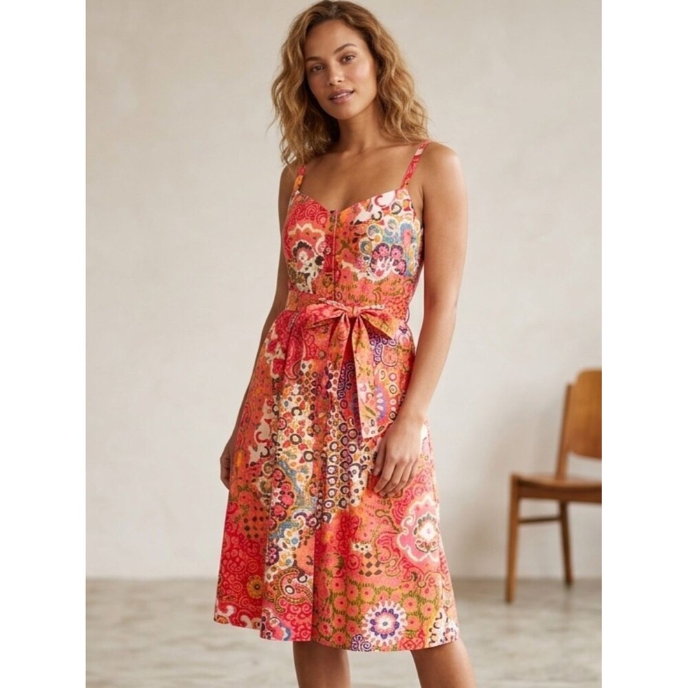 J. Crew Button Front Belted Poplin Midi Sundress Coral Pink Paisley Women’s 4
